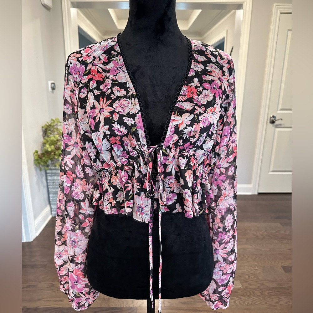 Nasty Gal Floral Chiffon Balloon Sleeve Blouse Women US Size 8 UK 12